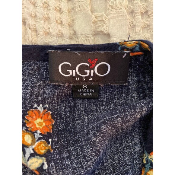Gigio Faux Wrap Blouse Size Small Navy w/ Flowers longer Back Boho Peasant Look - Picture 8 of 11